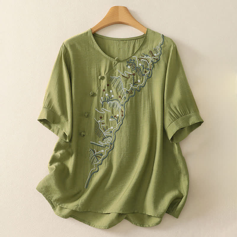 Buddha Stones Koszula damska z krótkim rękawem i okrągłym dekoltem z haftem „Letnia Góra” - Żółtozielony - US12, UK/AU16, EU44 (3XL) - image 10