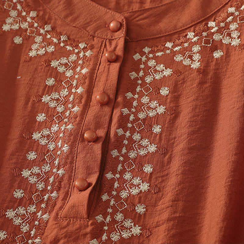 Buddha Stones Koszula damska z krótkim rękawem, haftowana, bawełniana, zapinana na pół guziki - image 2