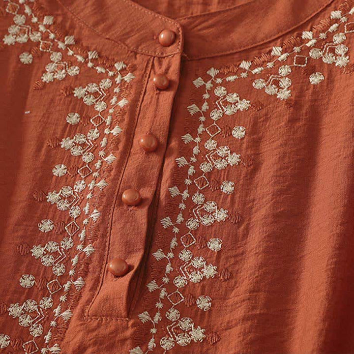 Buddha Stones Koszula damska z krótkim rękawem, haftowana, bawełniana, zapinana na pół guziki - image 2