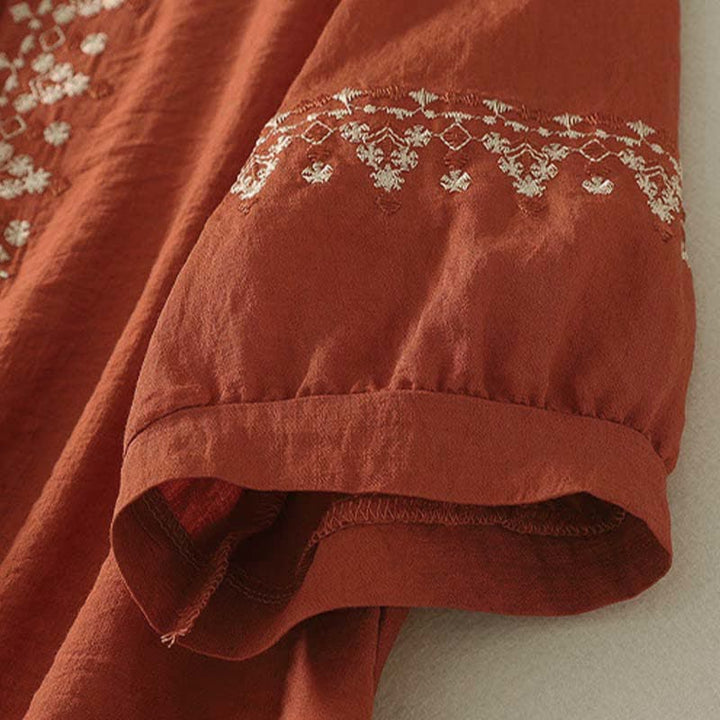 Buddha Stones Koszula damska z krótkim rękawem, haftowana, bawełniana, zapinana na pół guziki - image 3