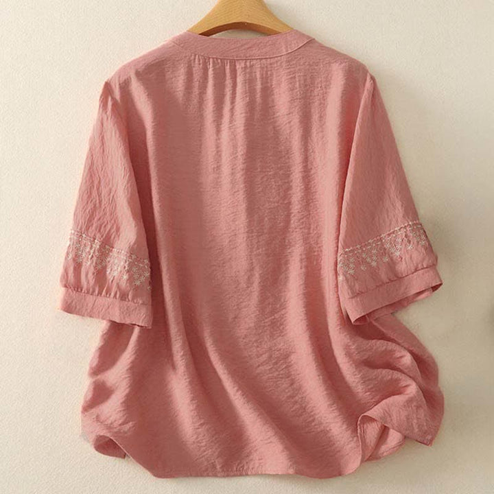 Buddha Stones Koszula damska z krótkim rękawem, haftowana, bawełniana, zapinana na pół guziki - image 6