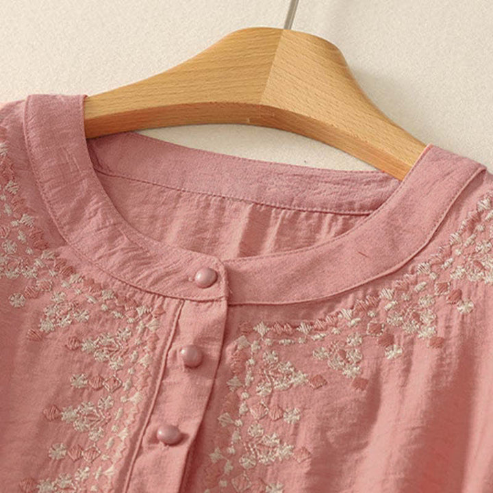 Buddha Stones Koszula damska z krótkim rękawem, haftowana, bawełniana, zapinana na pół guziki - image 7