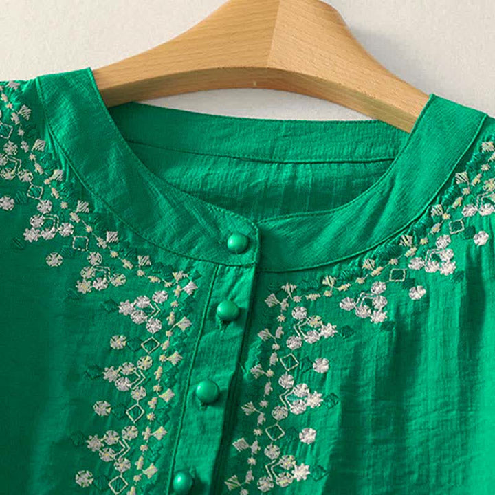 Buddha Stones Koszula damska z krótkim rękawem, haftowana, bawełniana, zapinana na pół guziki - image 16