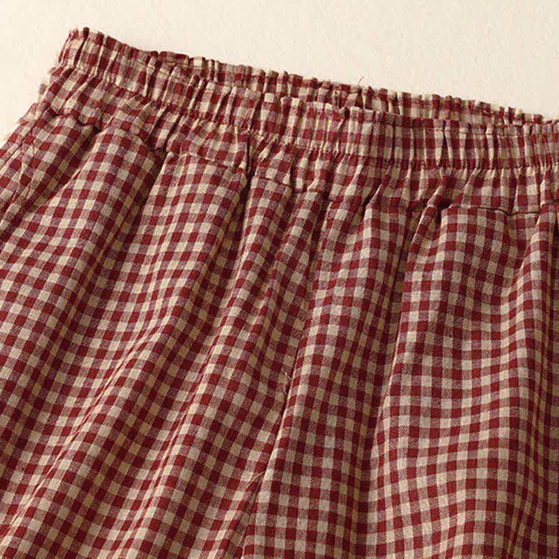 Buddha Stones Letnie spodnie damskie w kratę z elastyczną talią i kieszeniami - image 1