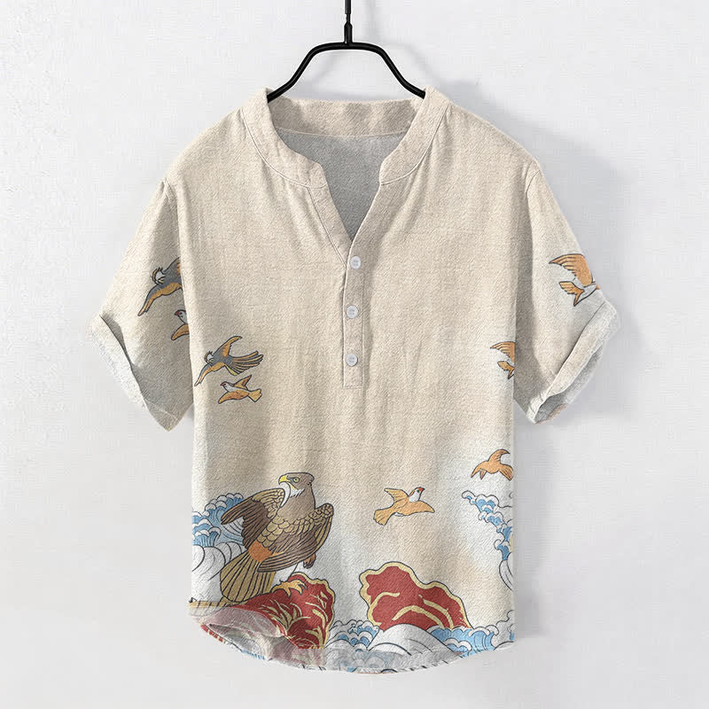 Buddha Stones Koszula męska z krótkim rękawem i nadrukiem „Ocean Bird Wave Rock” z bawełny, zapinana na pół guzika - AntiqueWhite - US/UK/AU50, EU60 (5XL) - image 3
