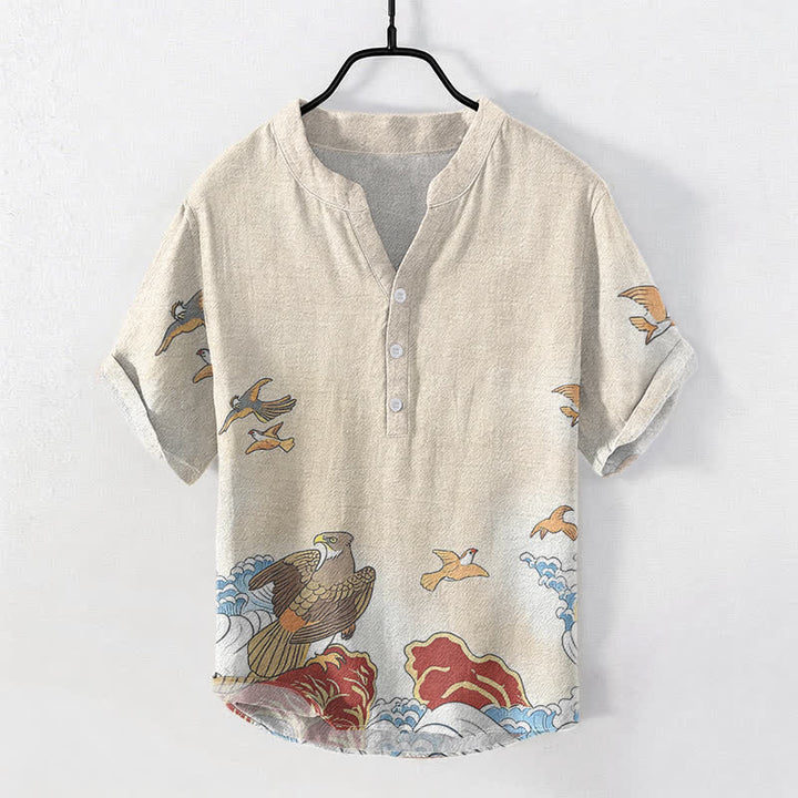 Buddha Stones Koszula męska z krótkim rękawem i nadrukiem „Ocean Bird Wave Rock” z bawełny, zapinana na pół guzika - AntiqueWhite - US/UK/AU50, EU60 (5XL) - image 3