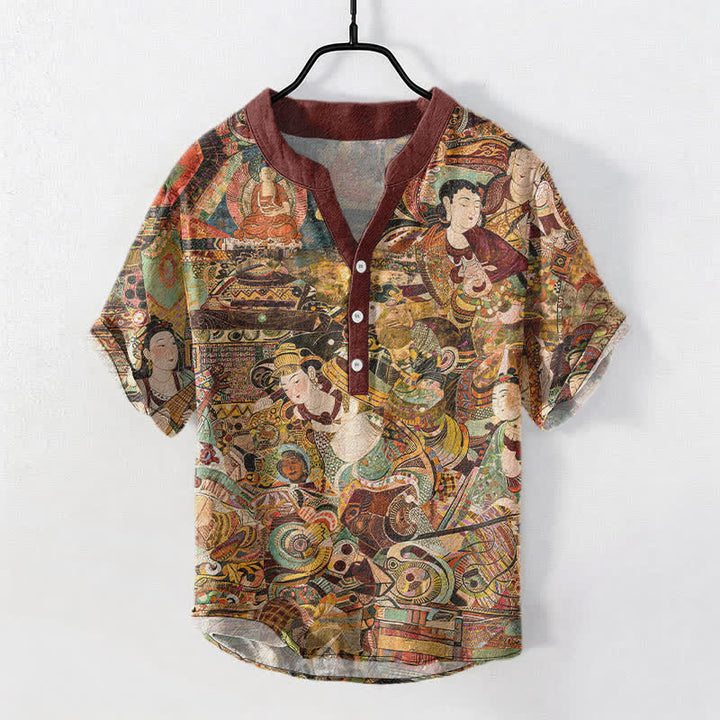 Buddha Stones Koszula męska z krótkim rękawem i nadrukiem w formie portretu, bawełniana, zapinana na pół guzika - Ciemnoczerwony - US/UK/AU50, EU60 (5XL) - image 0