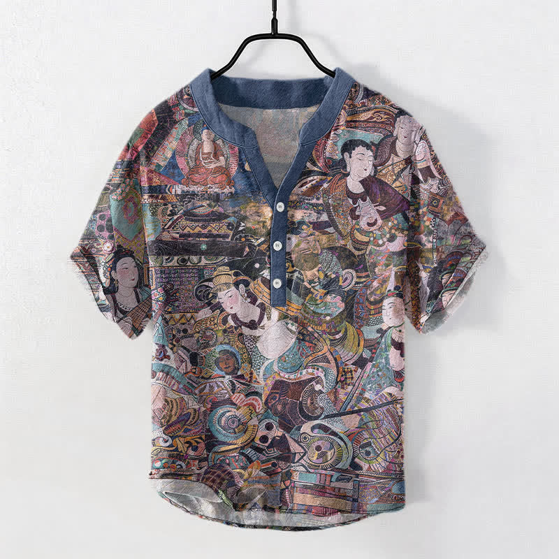 Buddha Stones Koszula męska z krótkim rękawem i nadrukiem w formie portretu, bawełniana, zapinana na pół guzika - Stalowoniebieski - US/UK/AU50, EU60 (5XL) - image 5
