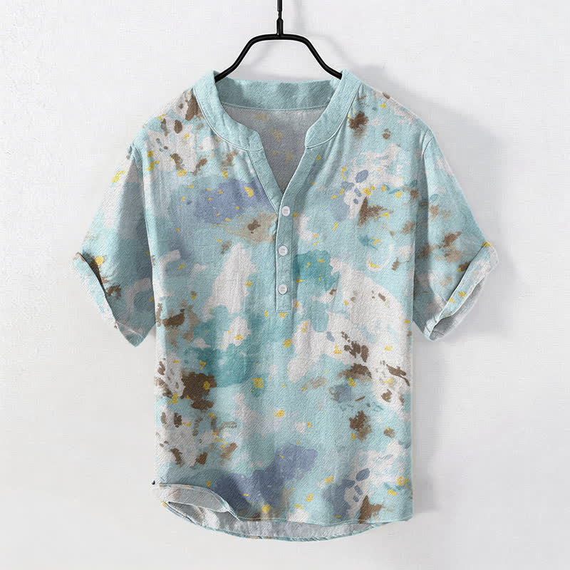 Buddha Stones Koszula męska z krótkim rękawem Cotton Watercolor Splash zapinana na pół guzika - PaleTurquoise - US/UK/AU50, EU60 (5XL) - image 0