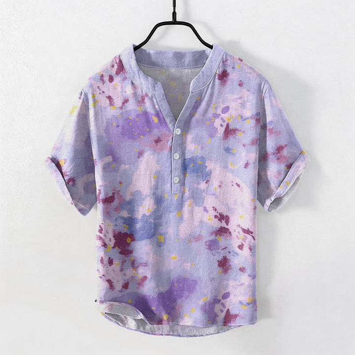 Buddha Stones Koszula męska z krótkim rękawem Cotton Watercolor Splash zapinana na pół guzika - Średniofioletowy - US/UK/AU50, EU60 (5XL) - image 3
