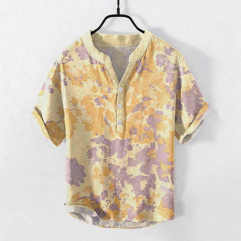 Buddha Stones Koszula męska z krótkim rękawem i krótkim guzikiem, bawełniana, w kwiaty i akwarele, typu henley - Khaki - US/UK/AU50, EU60 (5XL) - image 3