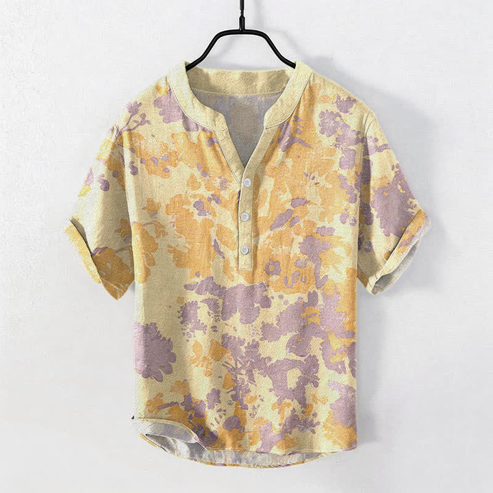 Buddha Stones Koszula męska z krótkim rękawem i krótkim guzikiem, bawełniana, w kwiaty i akwarele, typu henley - Khaki - US/UK/AU50, EU60 (5XL) - image 3