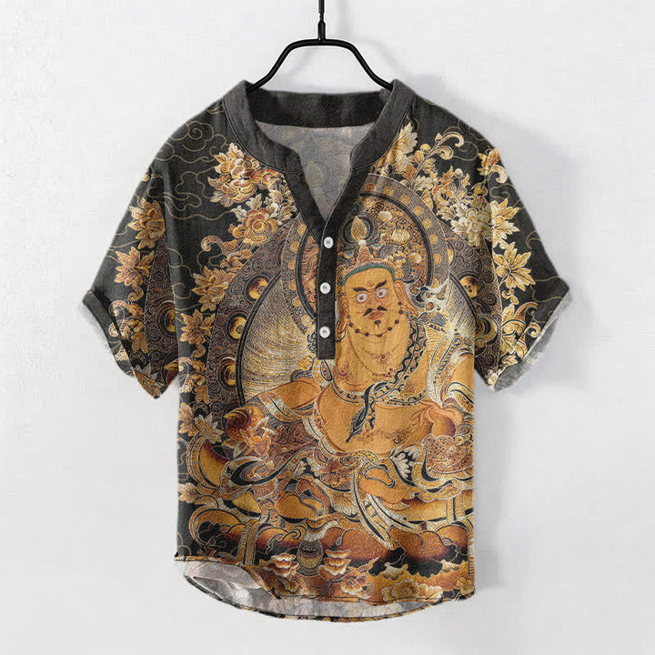 Buddha Stones Koszula męska z krótkim rękawem i nadrukiem w kwiaty Buddy w kolorze złotym, zapinana na pół guzika - DarkSlateGray - US/UK/AU50, EU60 (5XL) - image 0