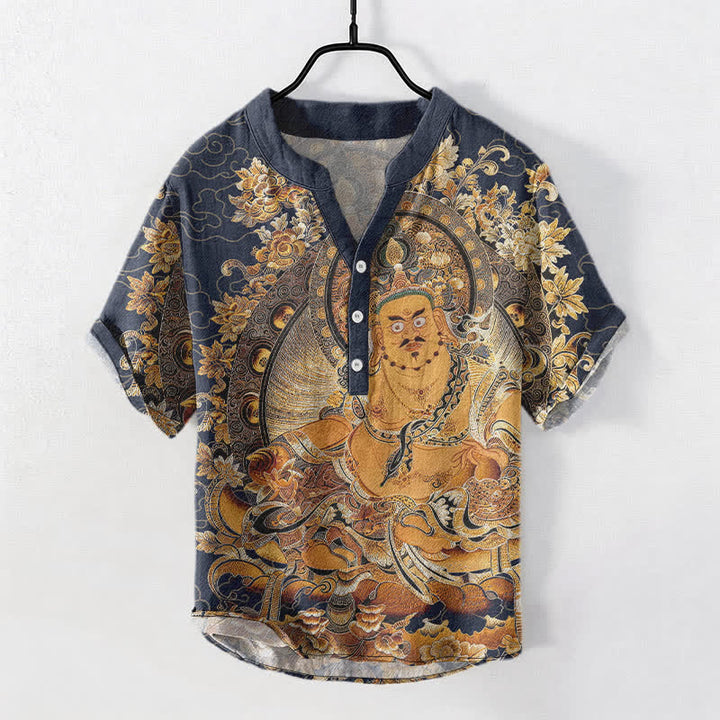 Buddha Stones Koszula męska z krótkim rękawem i nadrukiem w kwiaty Buddy w kolorze złotym, zapinana na pół guzika - MidnightBlue - US/UK/AU50, EU60 (5XL) - image 5