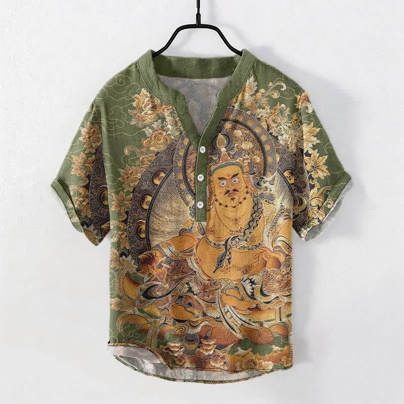 Buddha Stones Koszula męska z krótkim rękawem i nadrukiem w kwiaty Buddy w kolorze złotym, zapinana na pół guzika - DarkSeaGreen - US/UK/AU50, EU60 (5XL) - image 7