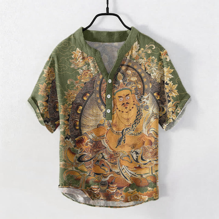 Buddha Stones Koszula męska z krótkim rękawem i nadrukiem w kwiaty Buddy w kolorze złotym, zapinana na pół guzika - DarkSeaGreen - US/UK/AU50, EU60 (5XL) - image 7