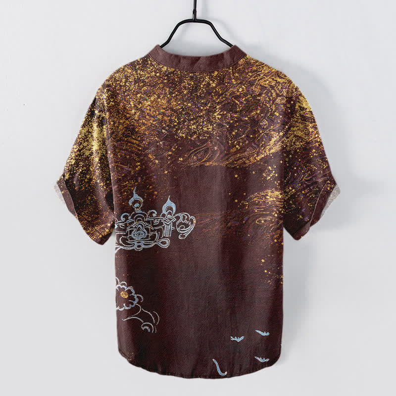 Buddha Stones Koszula męska z krótkim rękawem i półguzikiem w stylu henley, z nadrukiem w plamy bawełny, inspirowana galaktyką - image 8