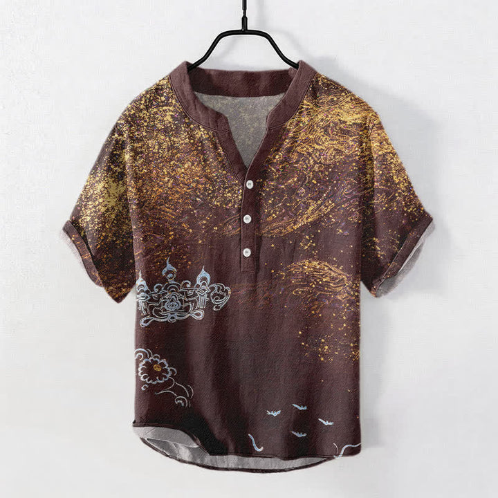 Buddha Stones Koszula męska z krótkim rękawem i półguzikiem w stylu henley, z nadrukiem w plamy bawełny, inspirowana galaktyką - SaddleBrown - US/UK/AU50, EU60 (5XL) - image 7