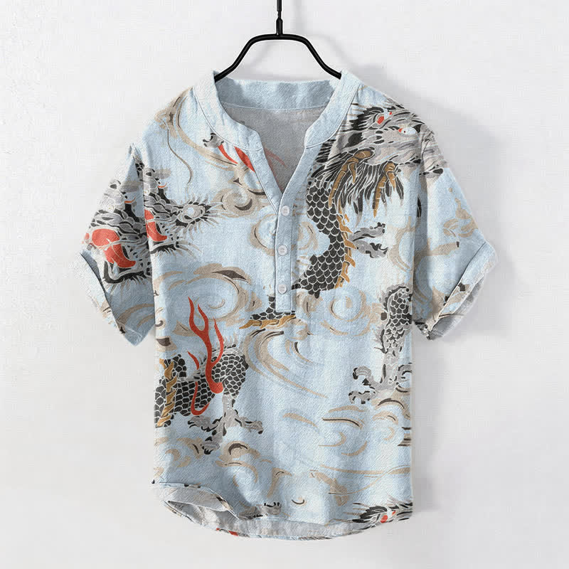 Buddha Stones Koszula męska z krótkim rękawem i nadrukiem smoka w stylu henley z bawełny, zapinana na pół guzika - Jasnoniebieski - US/UK/AU50, EU60 (5XL) - image 5