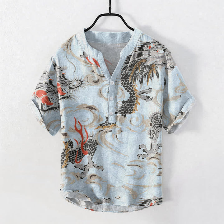Buddha Stones Koszula męska z krótkim rękawem i nadrukiem smoka w stylu henley z bawełny, zapinana na pół guzika - Jasnoniebieski - US/UK/AU50, EU60 (5XL) - image 5