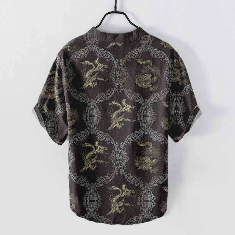Buddha Stones Koszula męska z krótkim rękawem i guzikami Cotton Dragon Phoenix Emblem - image 1