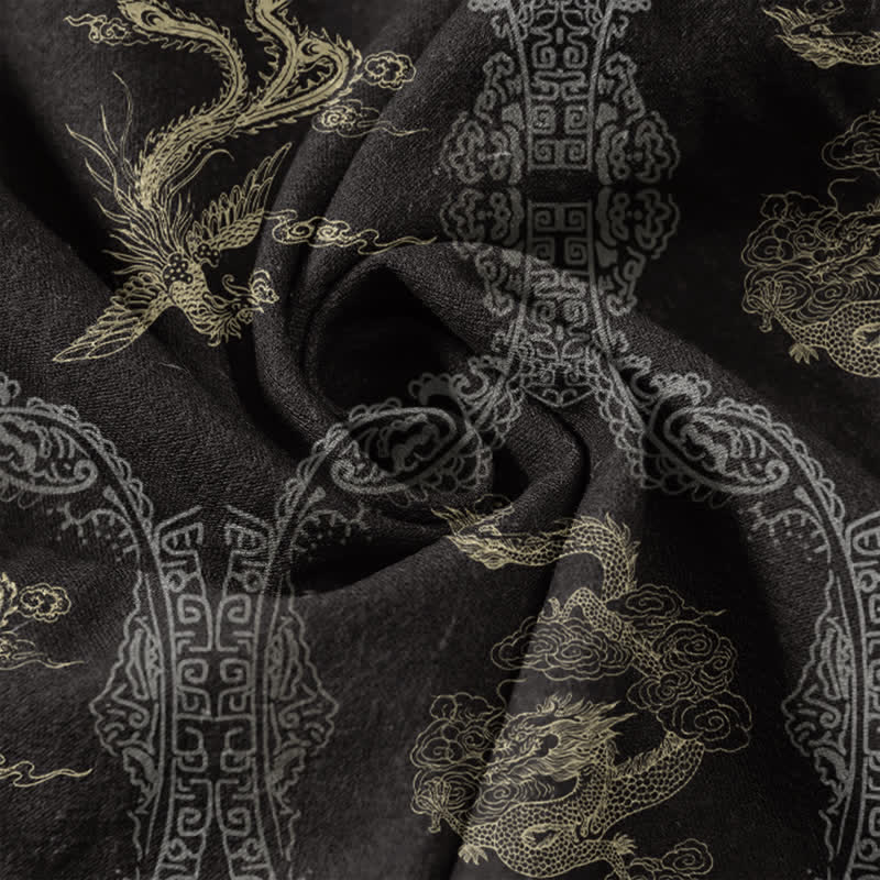 Buddha Stones Koszula męska z krótkim rękawem i guzikami Cotton Dragon Phoenix Emblem - image 3