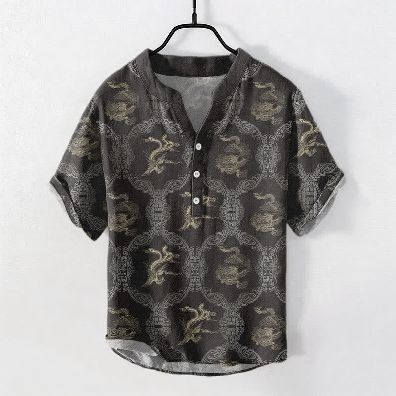 Buddha Stones Koszula męska z krótkim rękawem i guzikami Cotton Dragon Phoenix Emblem - DimGray - US/UK/AU50, EU60 (5XL) - image 0