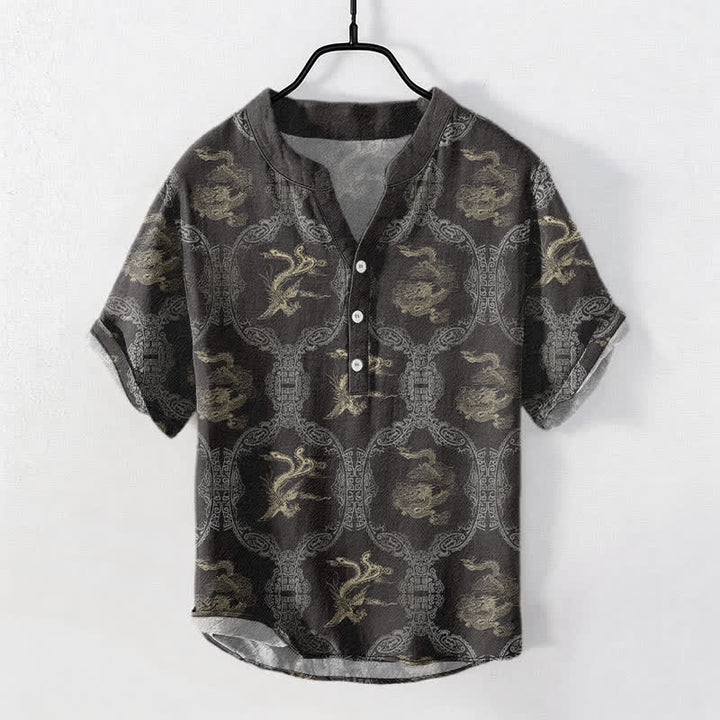 Buddha Stones Koszula męska z krótkim rękawem i guzikami Cotton Dragon Phoenix Emblem - DimGray - US/UK/AU50, EU60 (5XL) - image 0