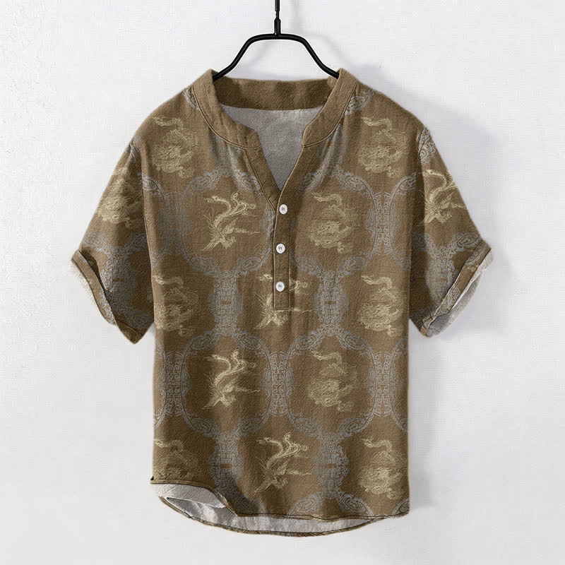 Buddha Stones Koszula męska z krótkim rękawem i guzikami Cotton Dragon Phoenix Emblem - DarkGoldenrod - US/UK/AU50, EU60 (5XL) - image 4