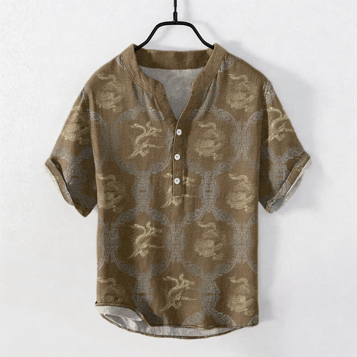Buddha Stones Koszula męska z krótkim rękawem i guzikami Cotton Dragon Phoenix Emblem - DarkGoldenrod - US/UK/AU50, EU60 (5XL) - image 4