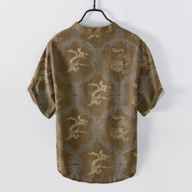 Buddha Stones Koszula męska z krótkim rękawem i guzikami Cotton Dragon Phoenix Emblem - image 5