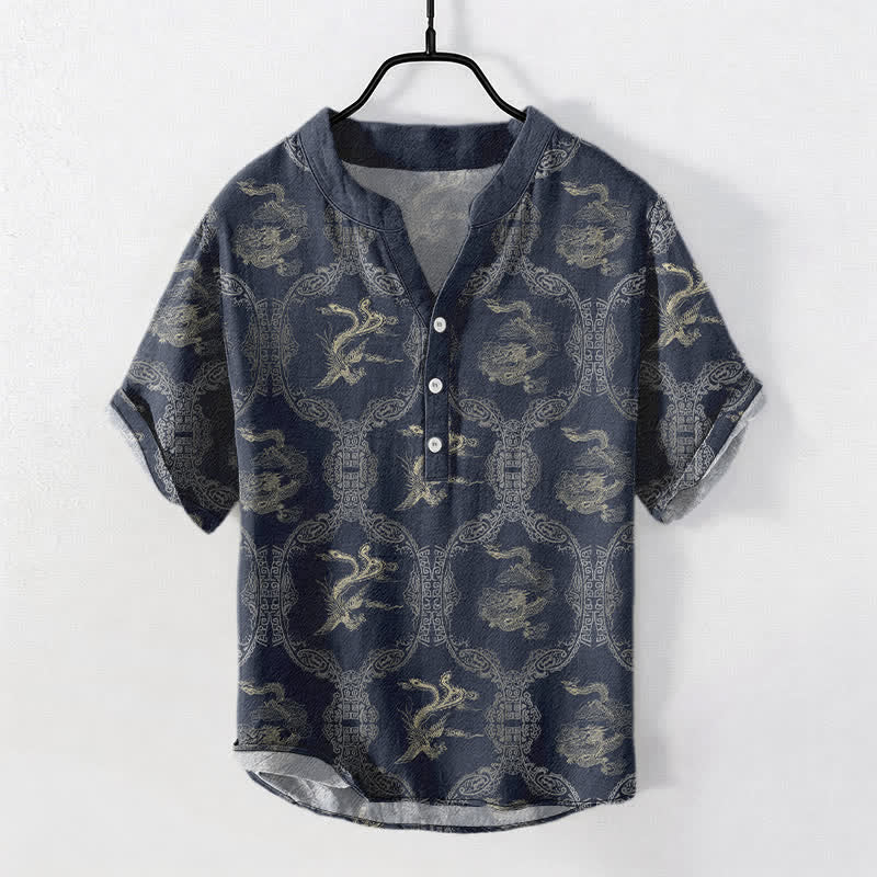 Buddha Stones Koszula męska z krótkim rękawem i guzikami Cotton Dragon Phoenix Emblem - MidnightBlue - US/UK/AU50, EU60 (5XL) - image 6