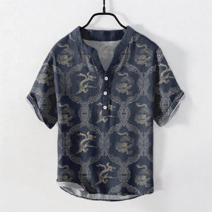 Buddha Stones Koszula męska z krótkim rękawem i guzikami Cotton Dragon Phoenix Emblem - MidnightBlue - US/UK/AU50, EU60 (5XL) - image 6