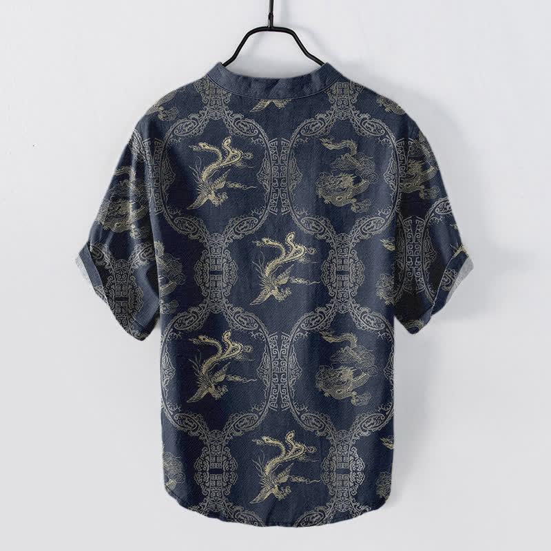 Buddha Stones Koszula męska z krótkim rękawem i guzikami Cotton Dragon Phoenix Emblem - image 7
