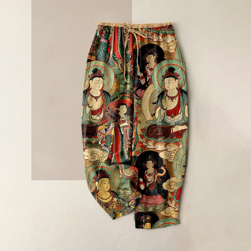 Buddha Stones Spodnie damskie z czystej bawełny z kieszeniami i elastyczną talią w wielokolorowy wzór Buddy - NavajoWhite - US16, UK/AU20, EU48 (3XL) - image 0
