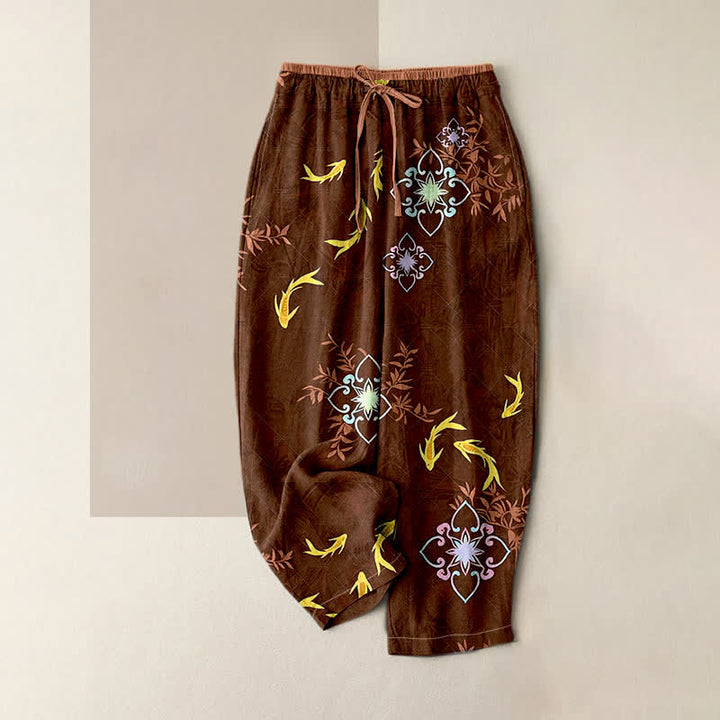 Buddha Stones Spodnie damskie z bawełny ze ściągaczem i kieszeniami, z nadrukiem ryby Koi i geometrycznym wzorem - SaddleBrown - US16, UK/AU20, EU48 (3XL) - image 3
