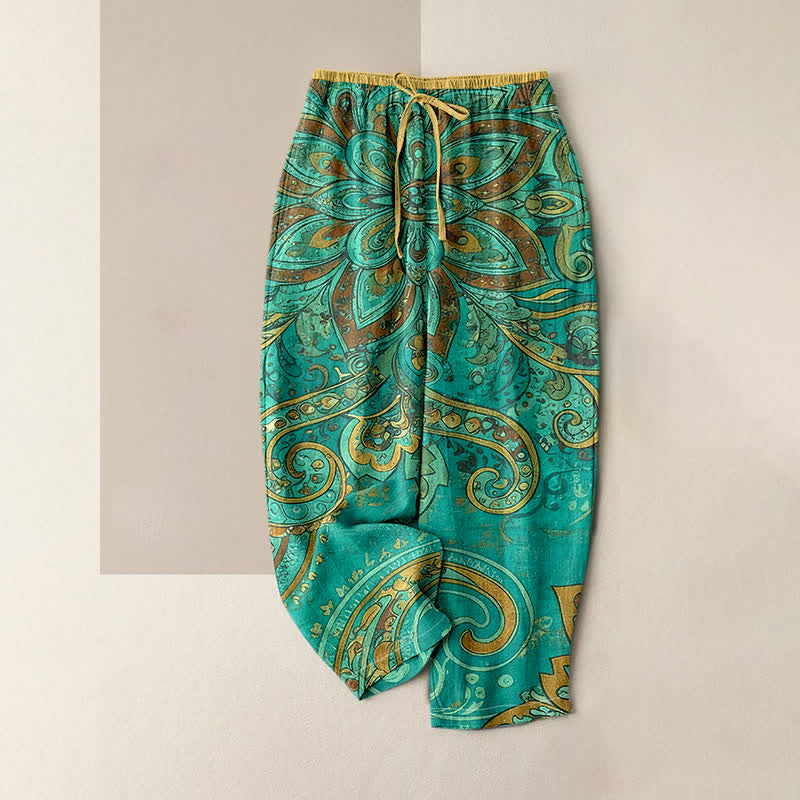 Buddha Stones Spodnie damskie z elastycznej talii z bawełny w stylu paisley i mandali z kieszeniami - LightSeaGreen - US16, UK/AU20, EU48 (3XL) - image 0