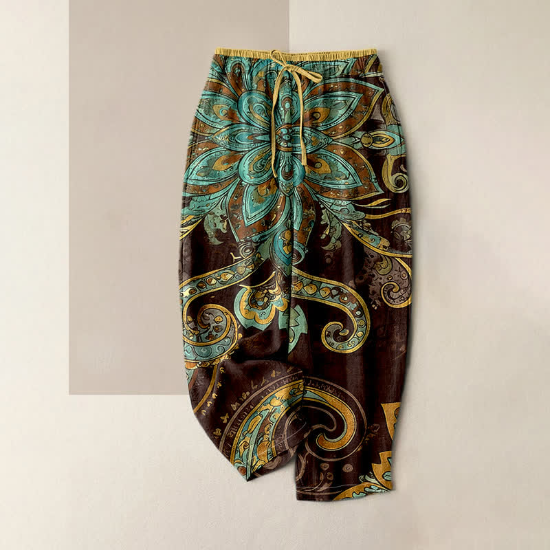 Buddha Stones Spodnie damskie z elastycznej talii z bawełny w stylu paisley i mandali z kieszeniami - SaddleBrown - US16, UK/AU20, EU48 (3XL) - image 3