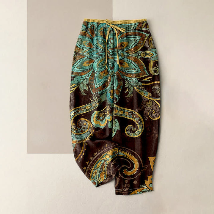 Buddha Stones Spodnie damskie z elastycznej talii z bawełny w stylu paisley i mandali z kieszeniami - SaddleBrown - US16, UK/AU20, EU48 (3XL) - image 3