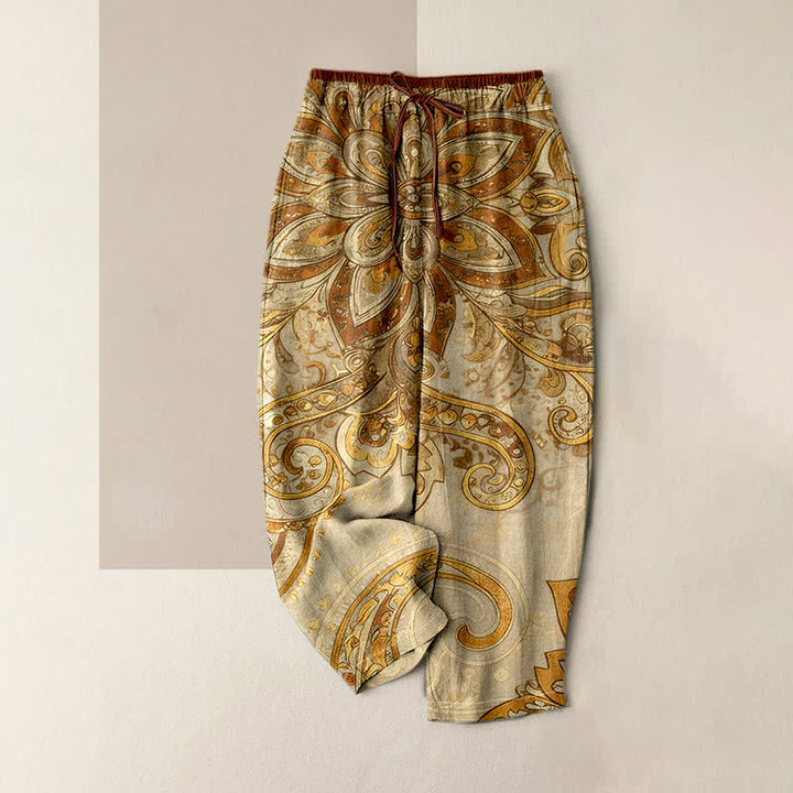 Buddha Stones Spodnie damskie z elastycznej talii z bawełny w stylu paisley i mandali z kieszeniami - Blada nawłoć - US16, UK/AU20, EU48 (3XL) - image 6