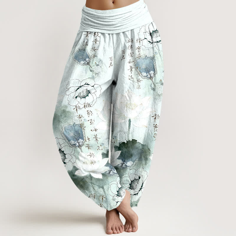 Buddha Stones Spodnie damskie harem z elastyczną talią i motywem kwiatów lotosu z czystej bawełny - Jasnoniebieski - US16, UK/AU20, EU48 (3XL) - image 0