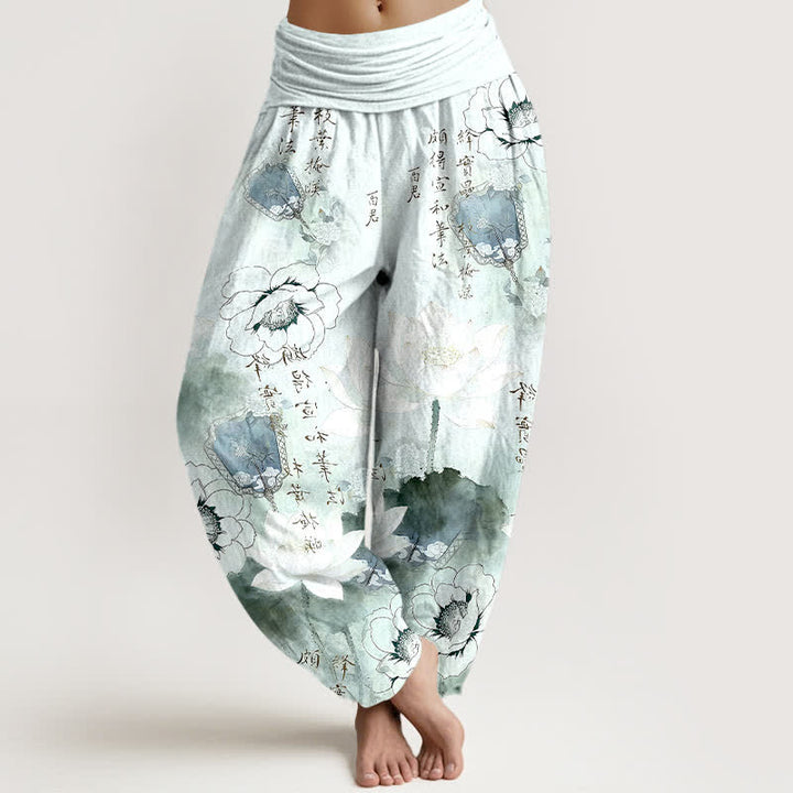 Buddha Stones Spodnie damskie harem z elastyczną talią i motywem kwiatów lotosu z czystej bawełny - Jasnoniebieski - US16, UK/AU20, EU48 (3XL) - image 0