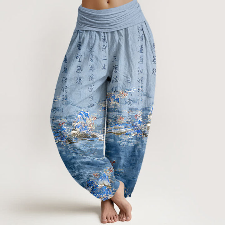 Buddha Stones Spodnie damskie haremowe z czystej bawełny z wysokim stanem i kaligrafią gradientową - Chaber niebieski - US16, UK/AU20, EU48 (3XL) - image 0