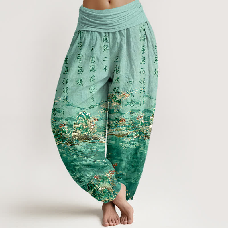 Buddha Stones Spodnie damskie haremowe z czystej bawełny z wysokim stanem i kaligrafią gradientową - ŚredniaAkwamaryna - US16, UK/AU20, EU48 (3XL) - image 5
