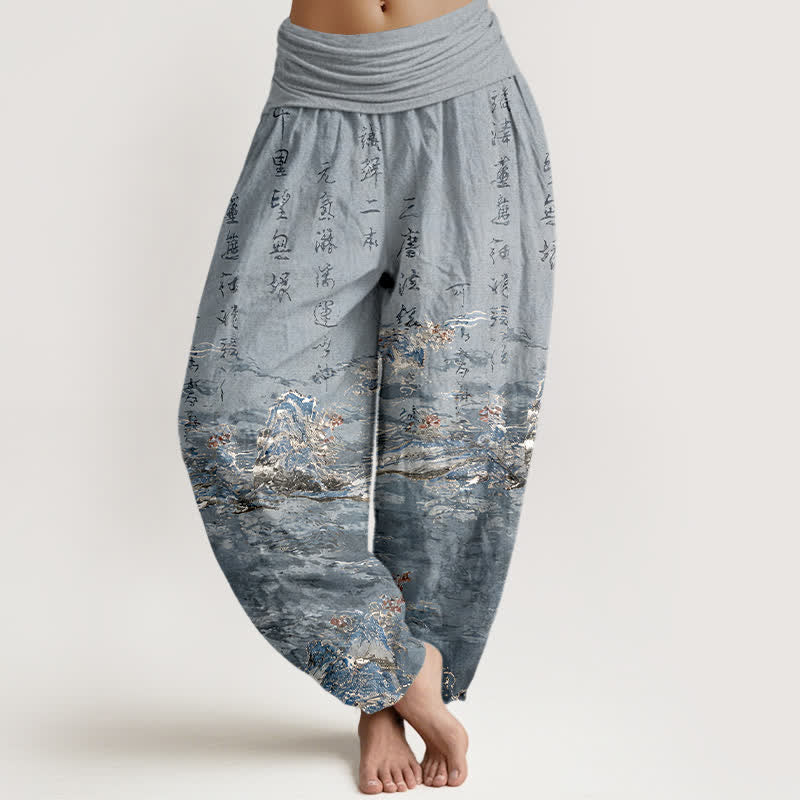 Buddha Stones Spodnie damskie haremowe z czystej bawełny z wysokim stanem i kaligrafią gradientową - Ciemnoszary - US16, UK/AU20, EU48 (3XL) - image 8