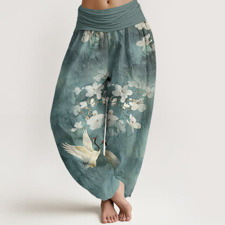 Buddha Stones Spodnie damskie haremowe z wysokim stanem i motywem kwiatów żurawia z czystej bawełny - CadetBlue - US16, UK/AU20, EU48 (3XL) - image 0