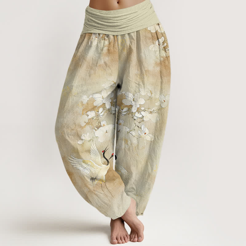 Buddha Stones Spodnie damskie haremowe z wysokim stanem i motywem kwiatów żurawia z czystej bawełny - Cytrynowe Szyfony - US16, UK/AU20, EU48 (3XL) - image 8