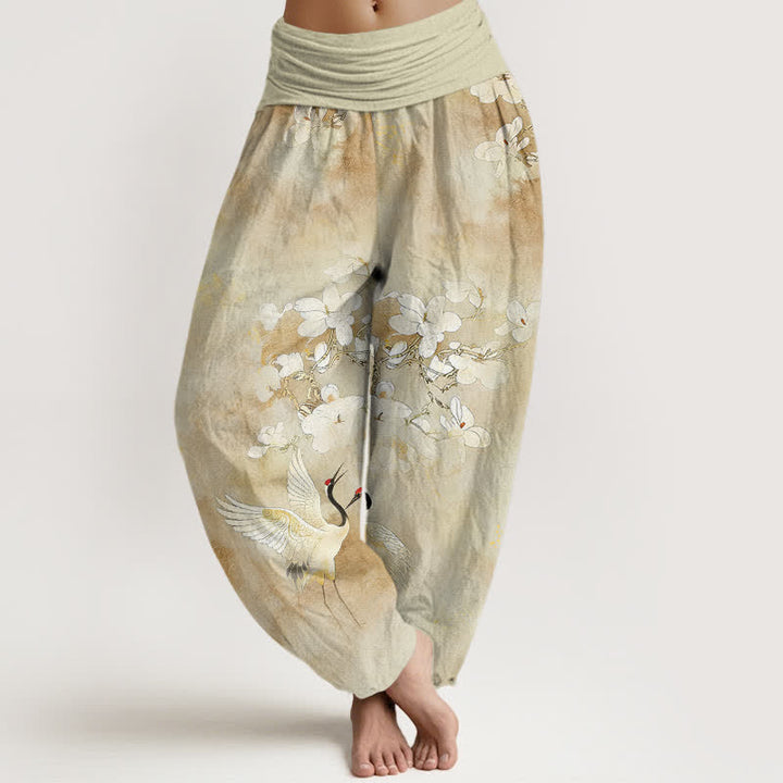 Buddha Stones Spodnie damskie haremowe z wysokim stanem i motywem kwiatów żurawia z czystej bawełny - Cytrynowe Szyfony - US16, UK/AU20, EU48 (3XL) - image 8
