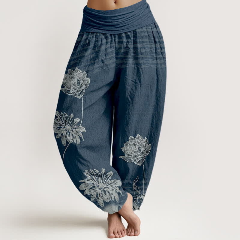 Buddha Stones Damskie spodnie haremowe z bawełny w stylu Lotus High Waist Design - Ciemnoniebieski - US16, UK/AU20, EU48 (3XL) - image 0