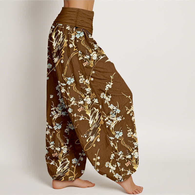 Buddha Stones Spodnie haremki damskie z elastycznej talii z gałązkami kwitnącej śliwki z czystej bawełny - image 7